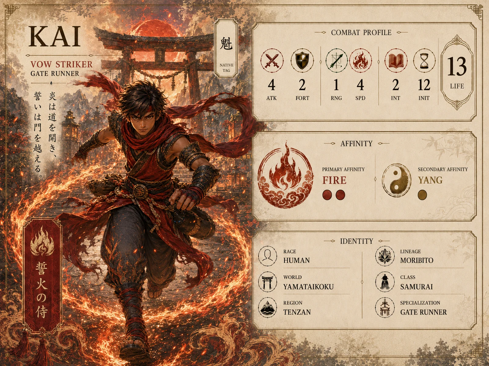Kai character dossier with fire affinity
